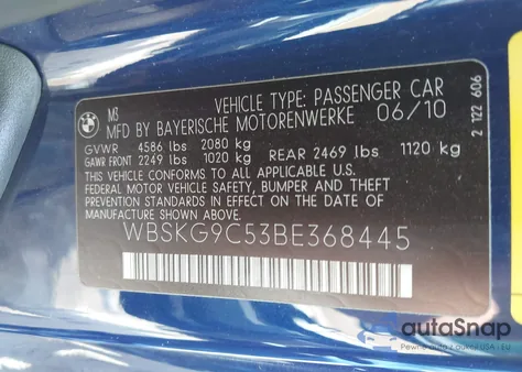 2011 BMW M3 z USA, uszkodzony, nr VIN WBSKG9C53BE368445